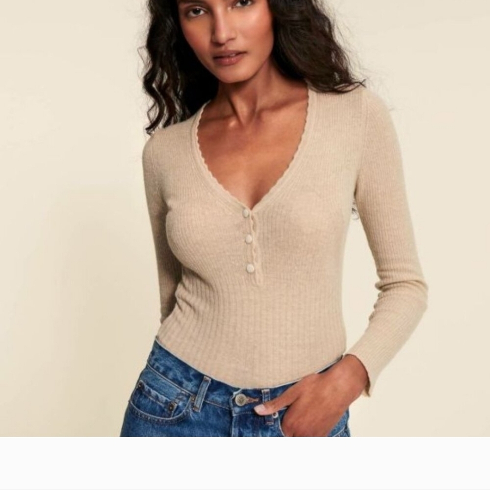 Rouje Beige Long Sleeve Ribbed Sweater